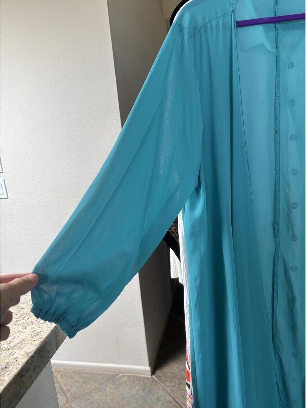 Light Teal Blue Sheer Button-Up Long Sleeve Vintage Style Duster XL - Picture 3 of 4